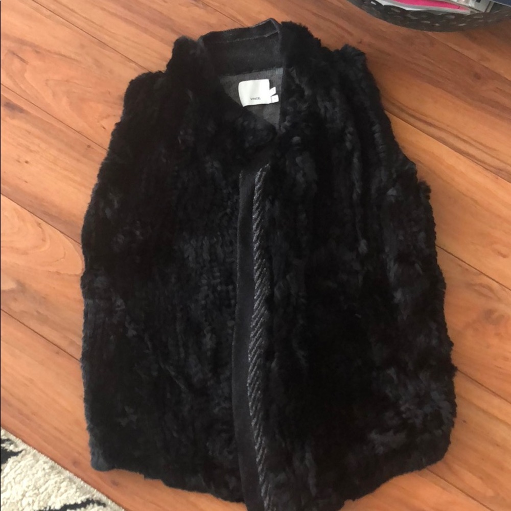 Vince black rabbit fur vest with knitted back